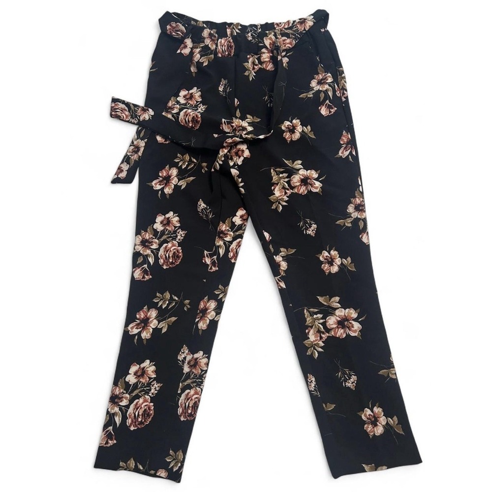 Chapter One XS Black Floral High Waisted Straight Leg Pants Tie Waist Elastic